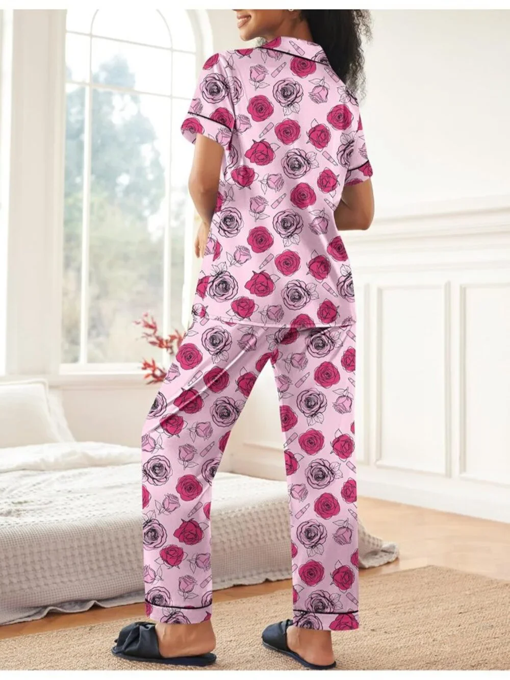 Women's Rose Lipstick Silky Short Sleeve Button Down Loungewear Pajama Set